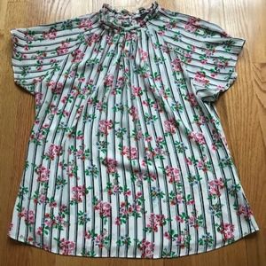 Floral striped blouse with ruffle high neck